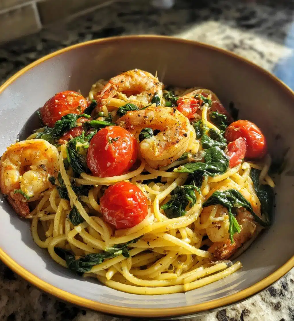 shrimp tomato spinach pasta in garlic butter sauce - detail 1
