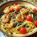 shrimp tomato spinach pasta in garlic butter sauce