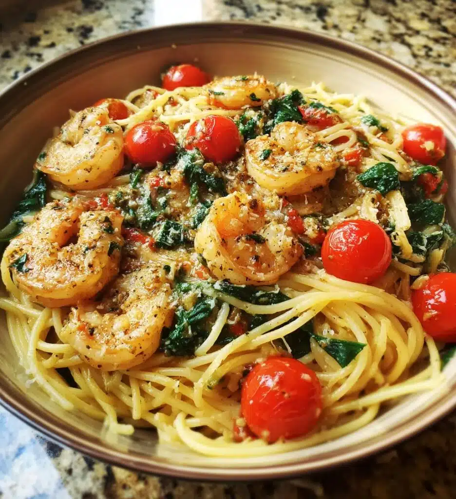 shrimp tomato spinach pasta in garlic butter sauce