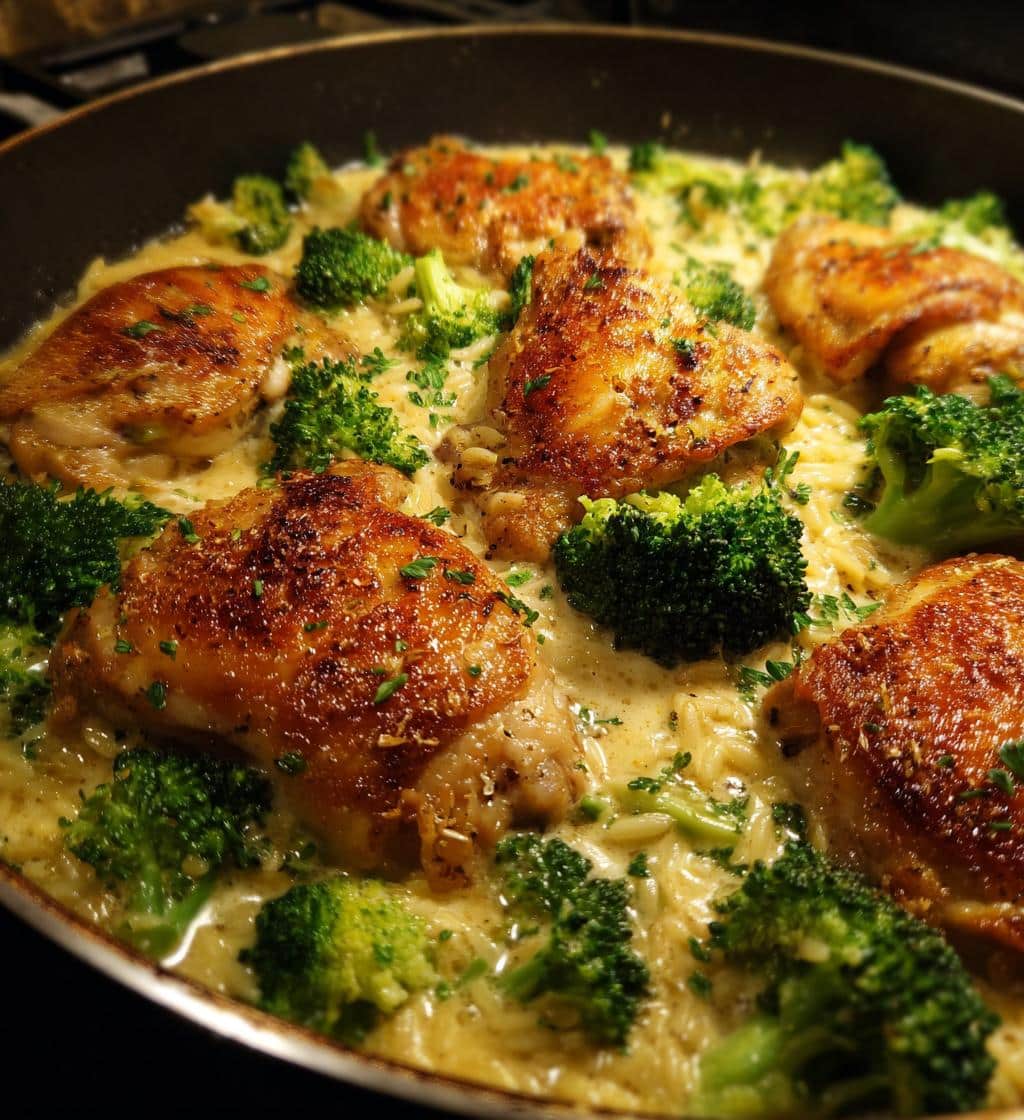 skillet chicken thighs with broccoli cheddar orzo - detail 1
