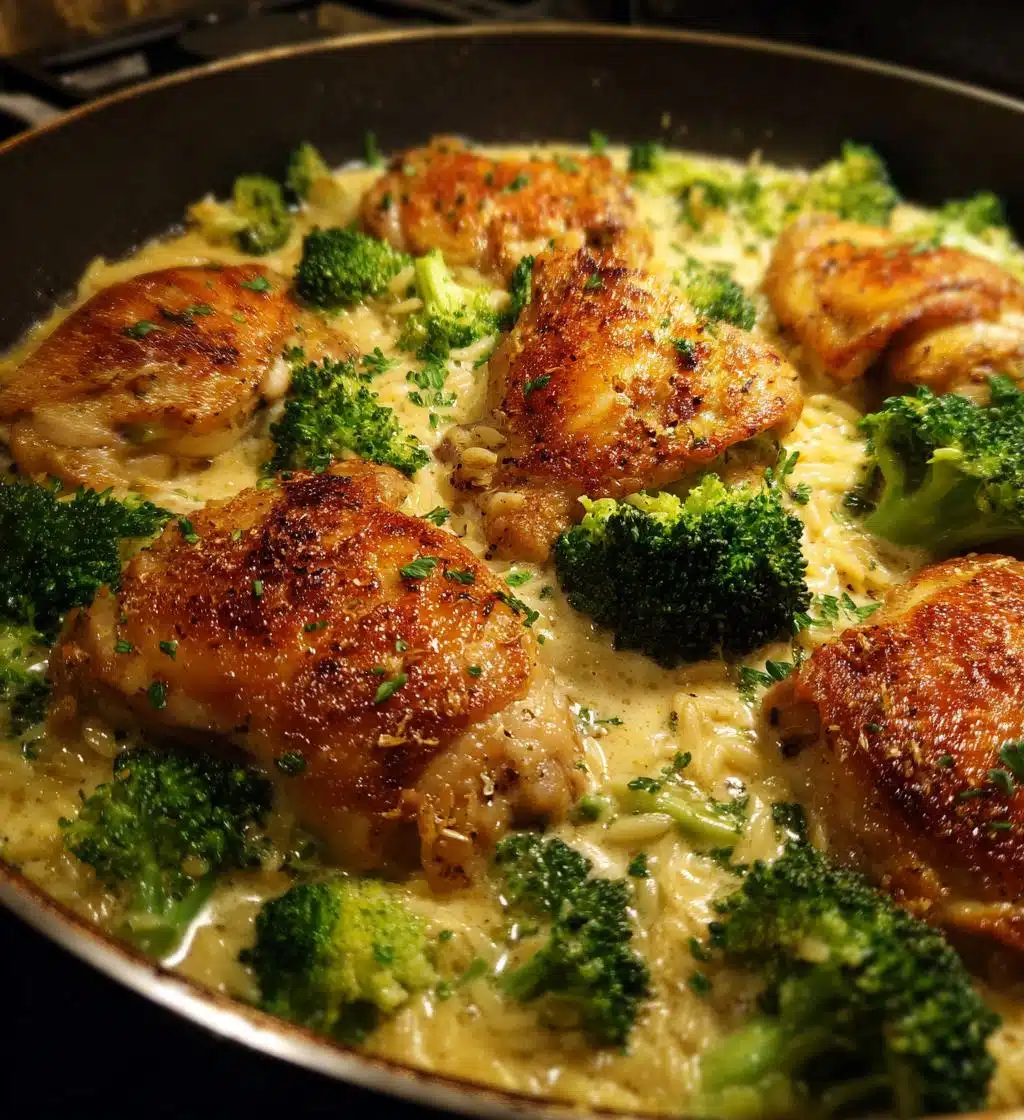 skillet chicken thighs with broccoli cheddar orzo - detail 1