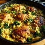 skillet chicken thighs with broccoli cheddar orzo