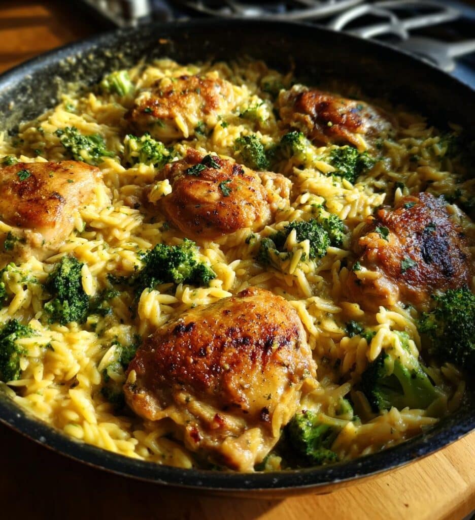 skillet chicken thighs with broccoli cheddar orzo