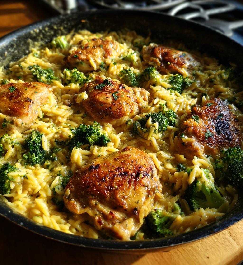 skillet chicken thighs with broccoli cheddar orzo