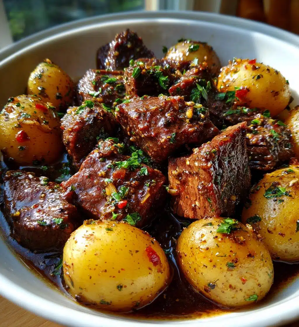 slow cooker garlic butter beef bites potatoes - detail 1