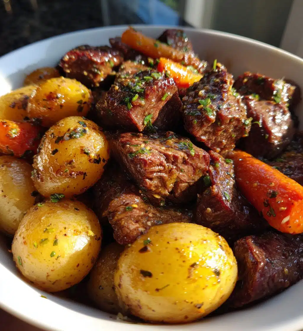 slow cooker garlic butter beef bites potatoes