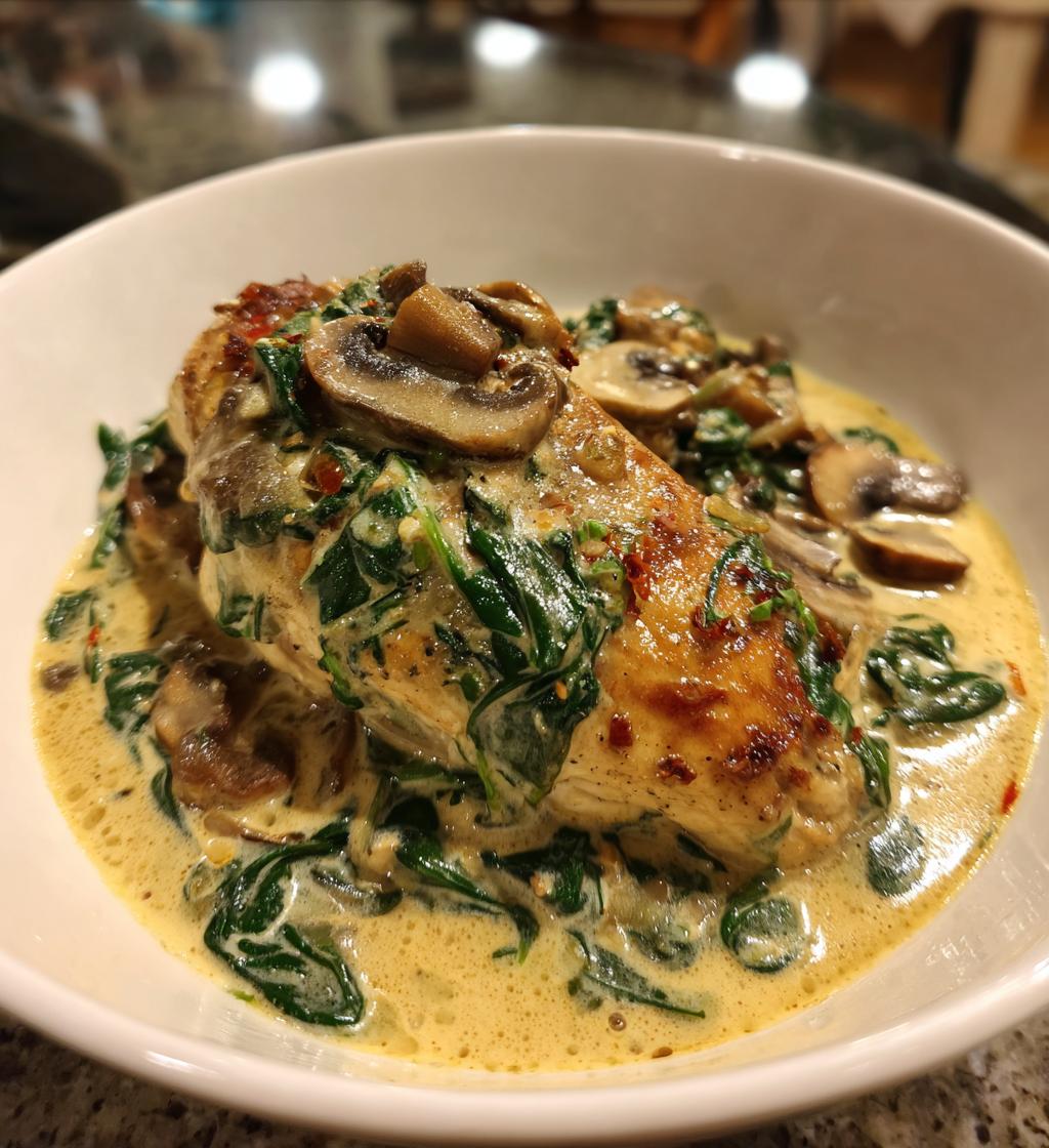 smothered chicken with creamed spinach beef and mushrooms - detail 1