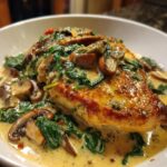 smothered chicken with creamed spinach beef and mushrooms