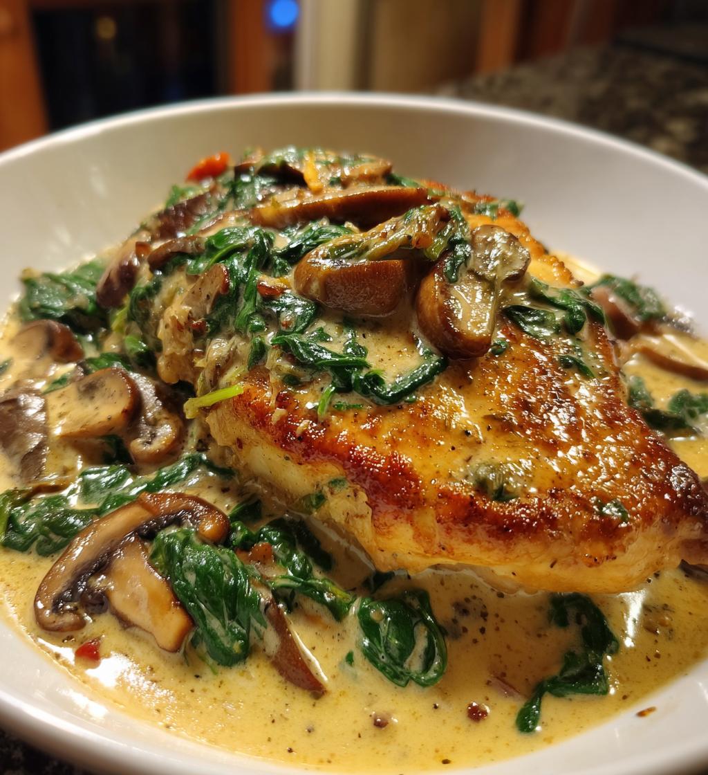 smothered chicken with creamed spinach beef and mushrooms