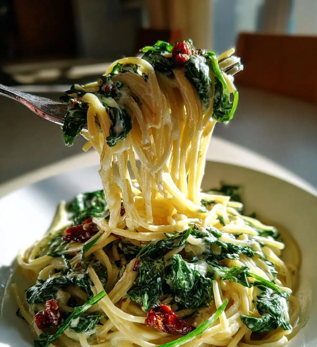 spaghetti spinach with sun dried tomato cream sauce - detail 1