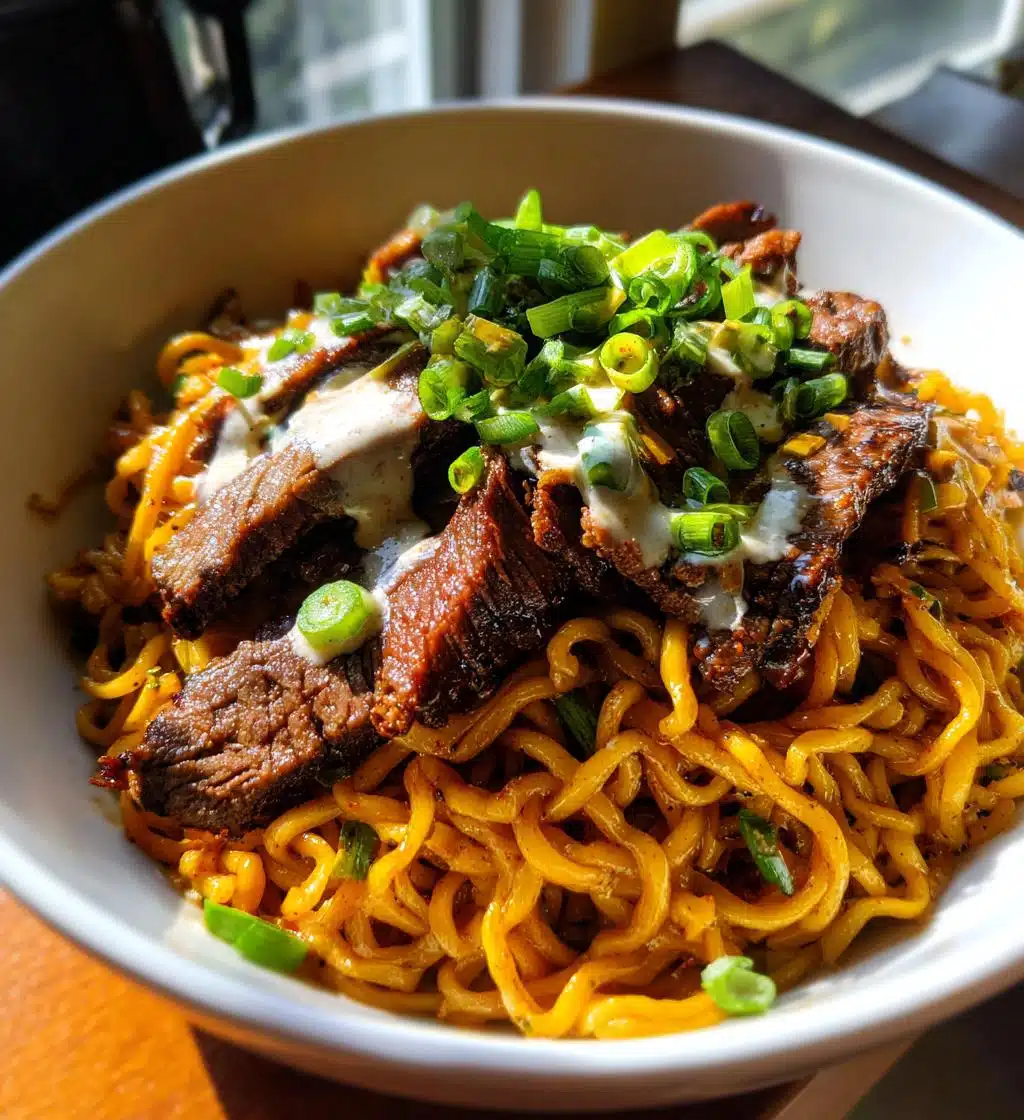 spicy korean ramen with grilled beef creamy sauce - detail 1