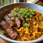 spicy korean ramen with grilled beef creamy sauce