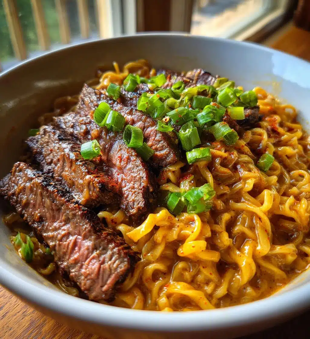 spicy korean ramen with grilled beef creamy sauce