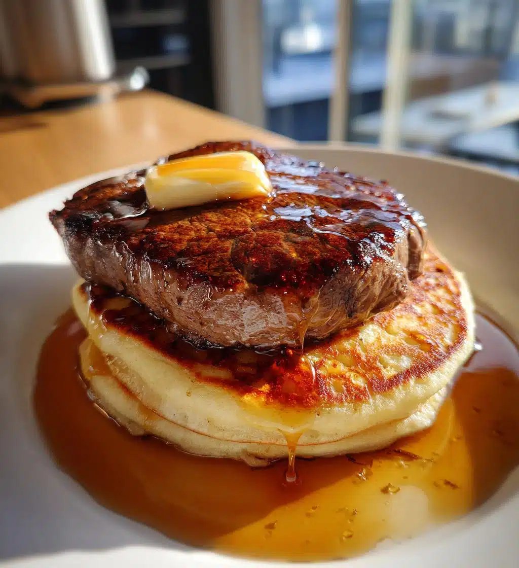 steak and pancake breakfast plate - detail 1