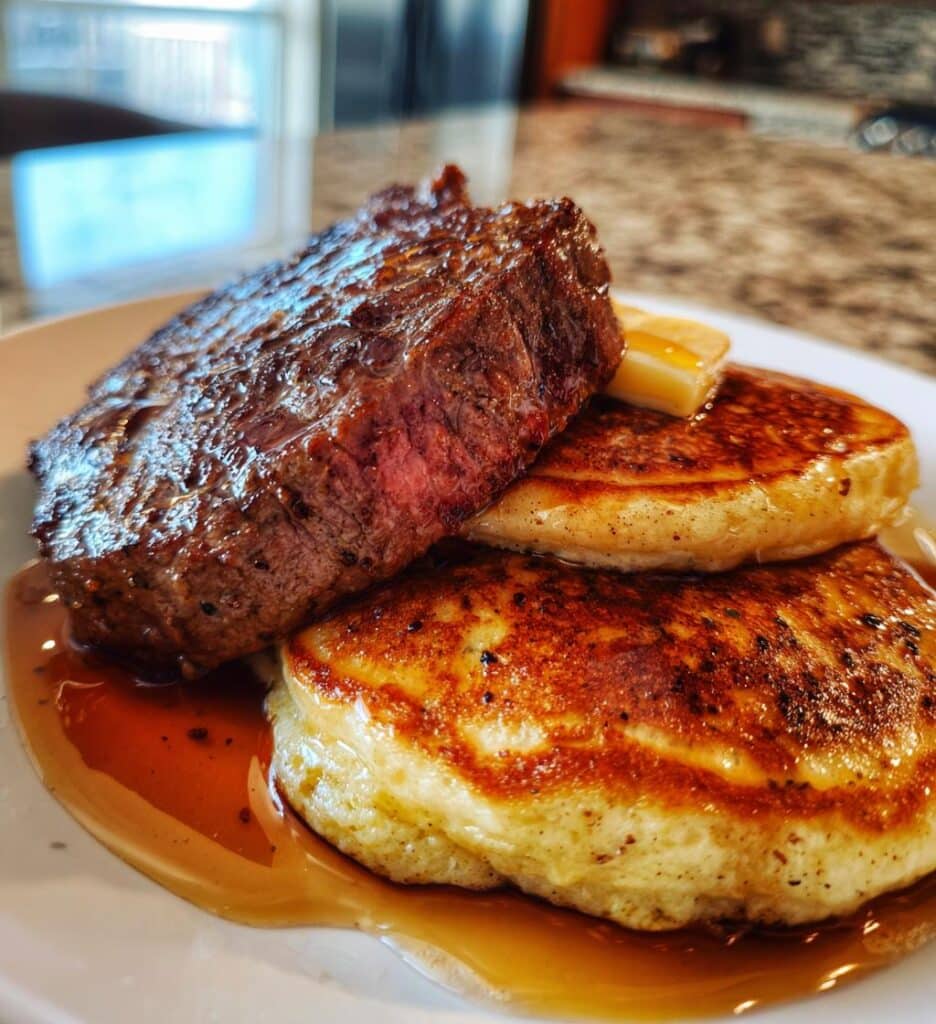 steak and pancake breakfast plate