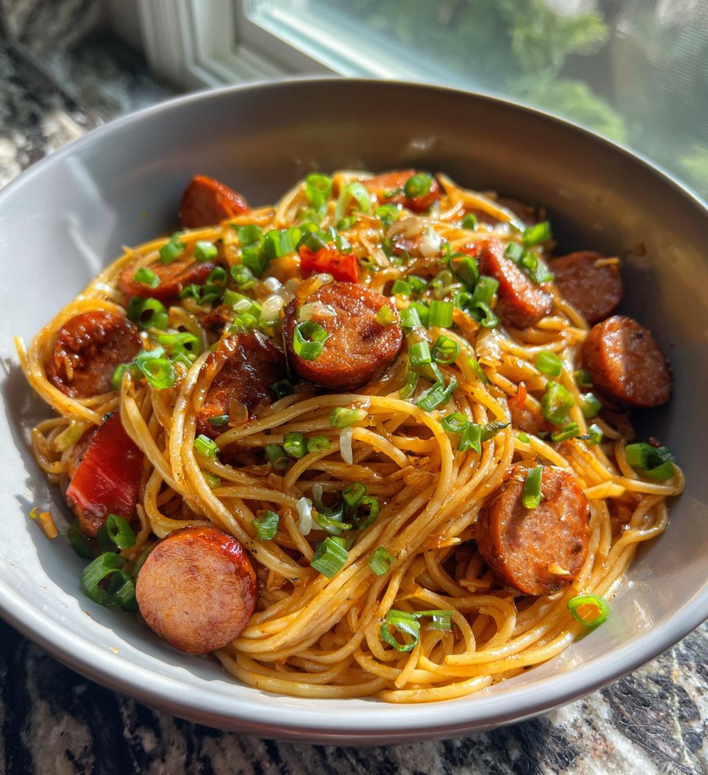sticky honey garlic sausage pasta skillet - detail 1