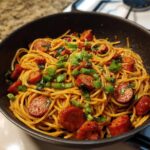 sticky honey garlic sausage pasta skillet
