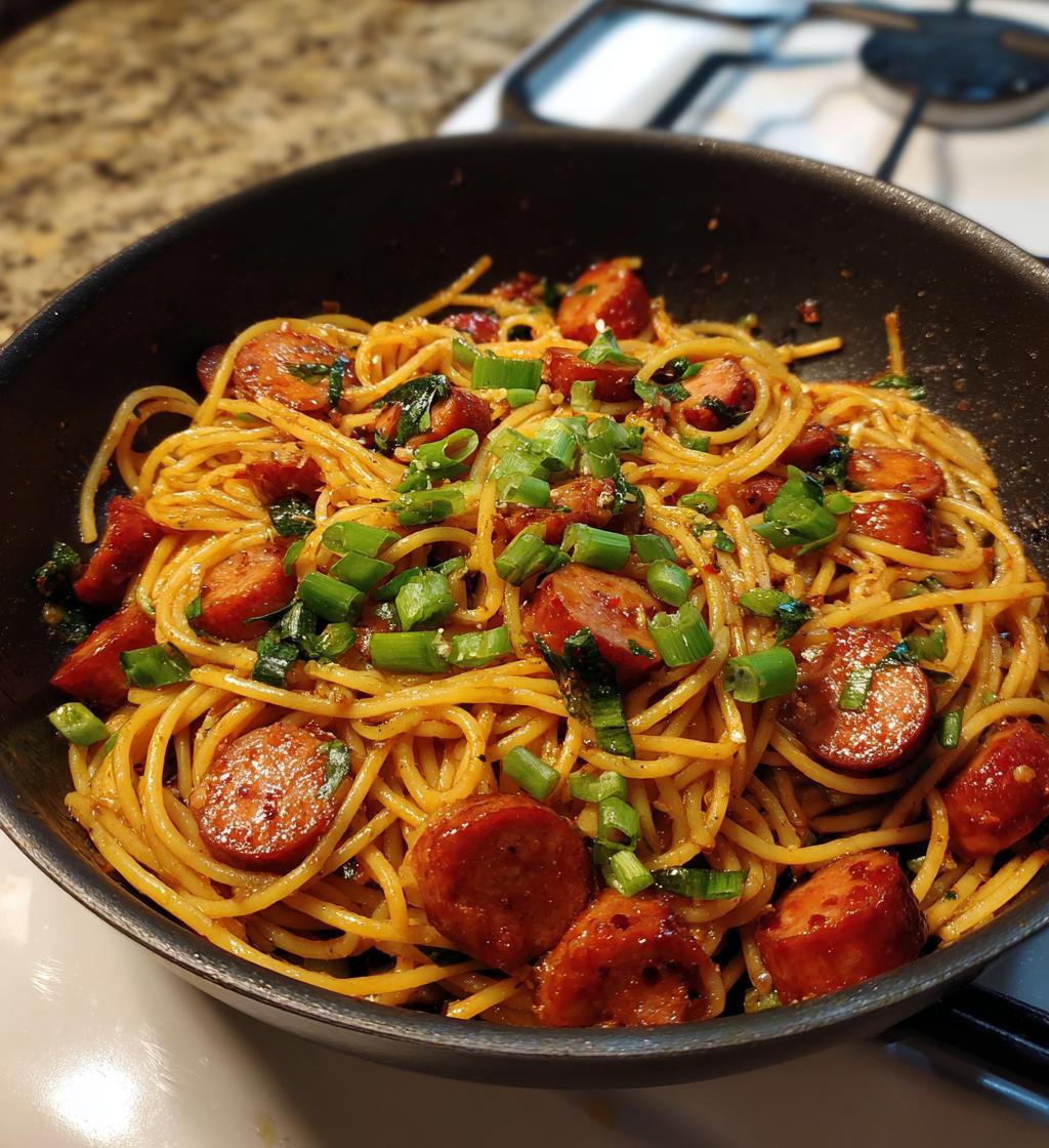 sticky honey garlic sausage pasta skillet