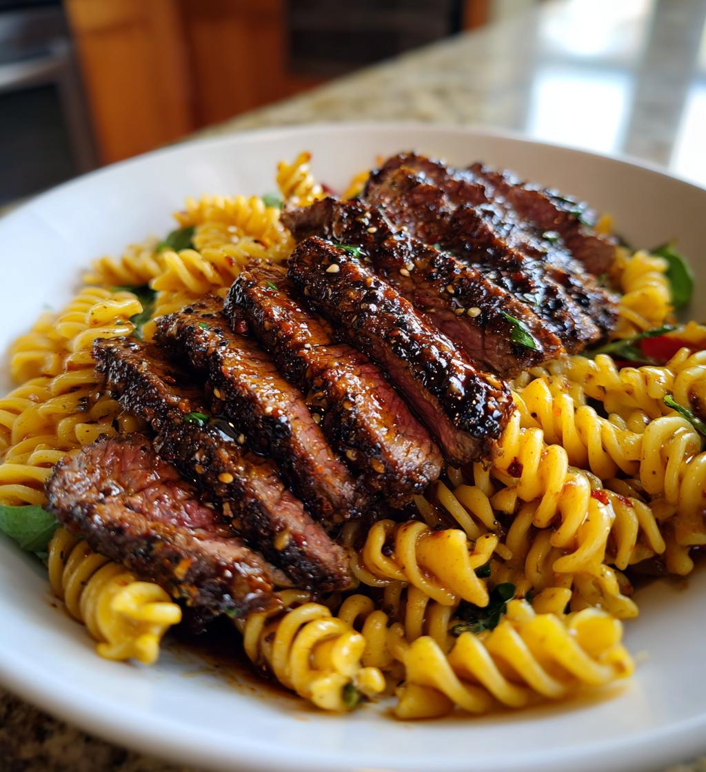 sticky honey garlic steak and rotini - detail 1
