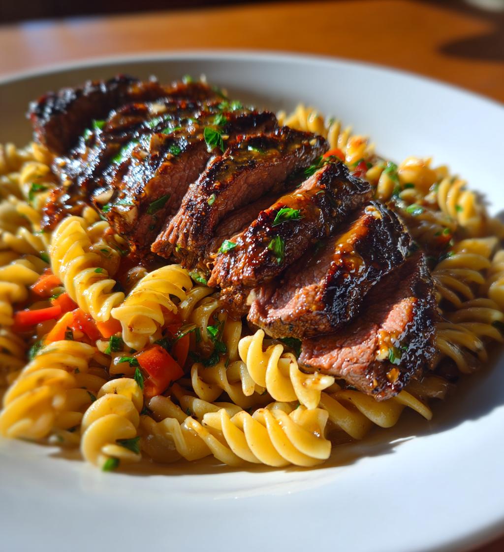 sticky honey garlic steak and rotini