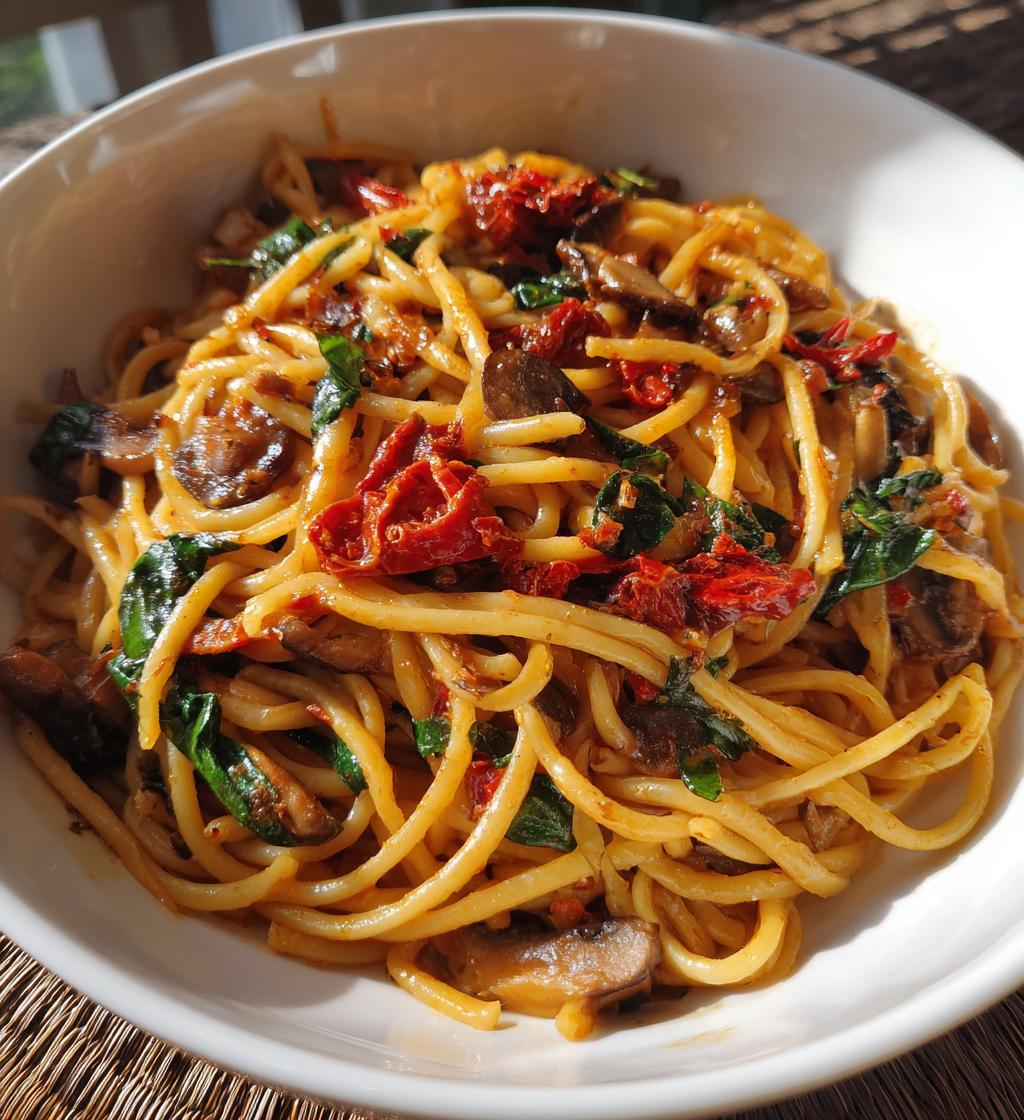 sun dried tomato and mushroom pasta in garlic and basil sauce - detail 1