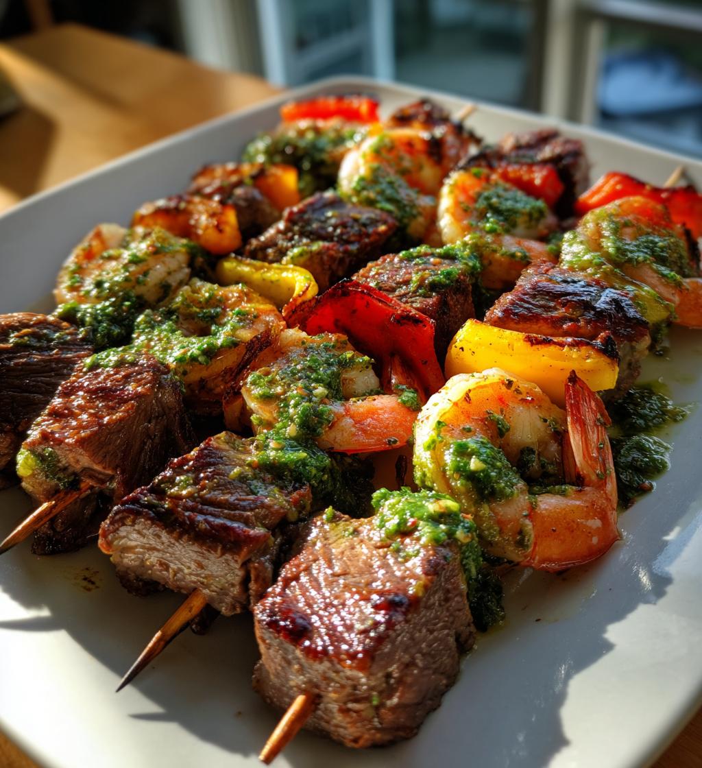 surf and turf kebabs with chimichurri sauce