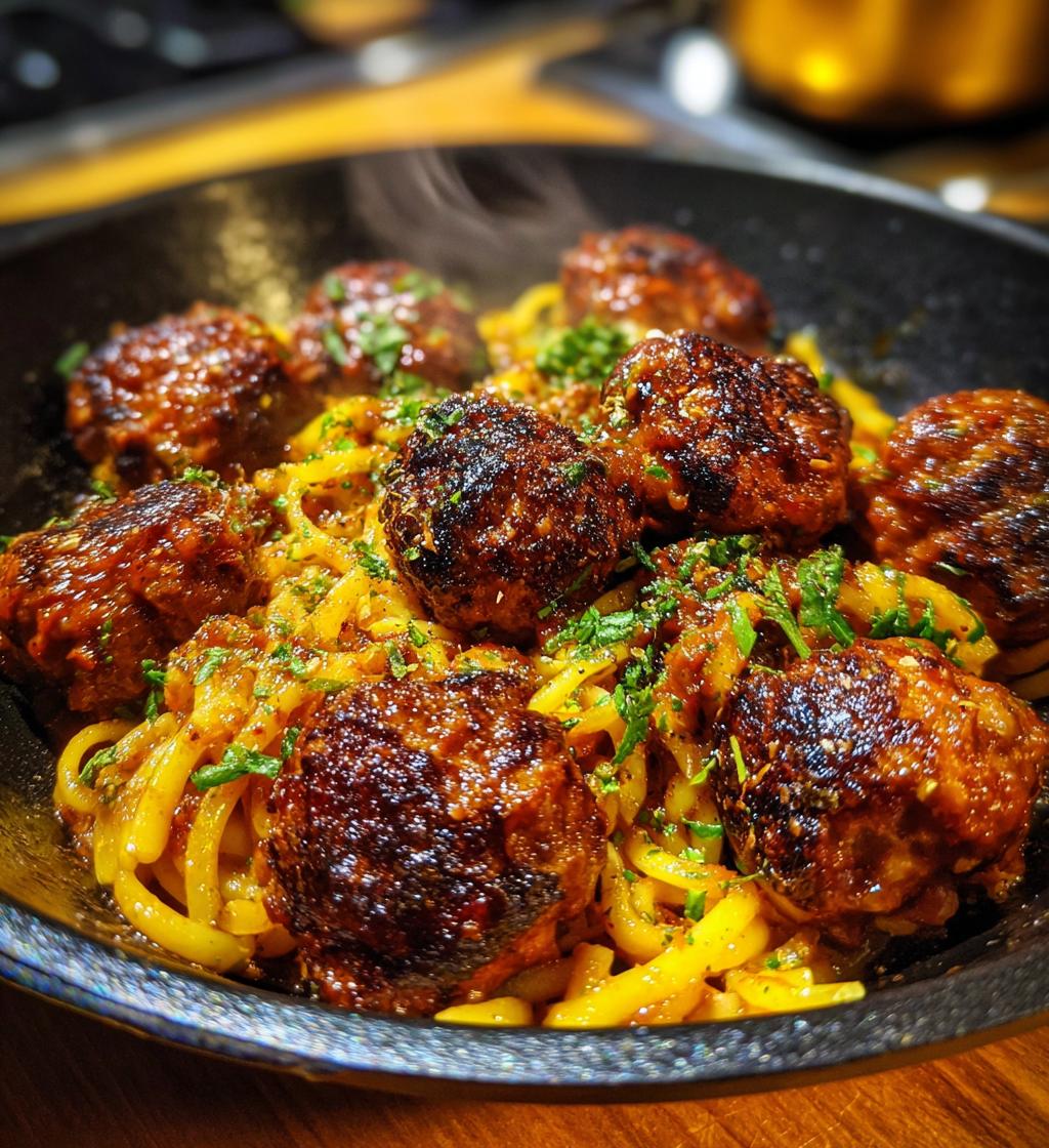 sweet and tangy bbq chicken meatball pasta - detail 1