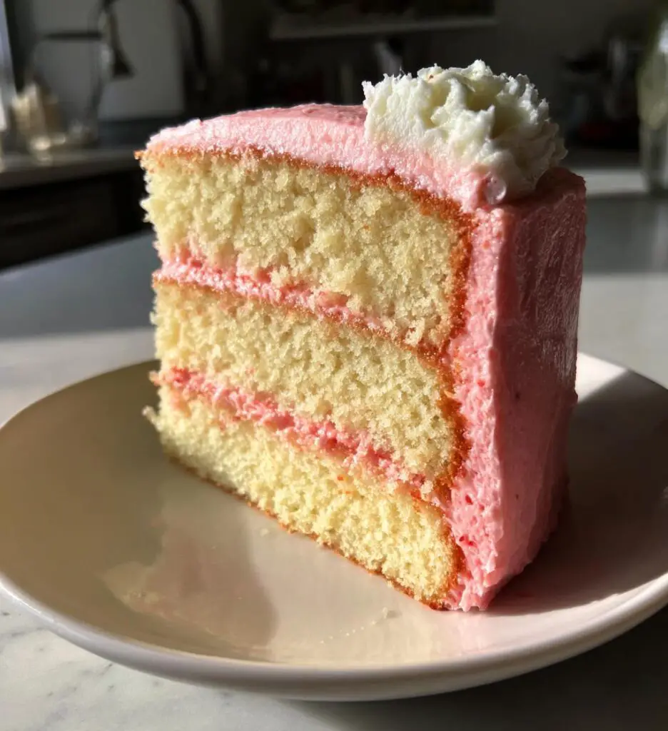 vanilla bean layer cake with strawberry cream cheese frosting