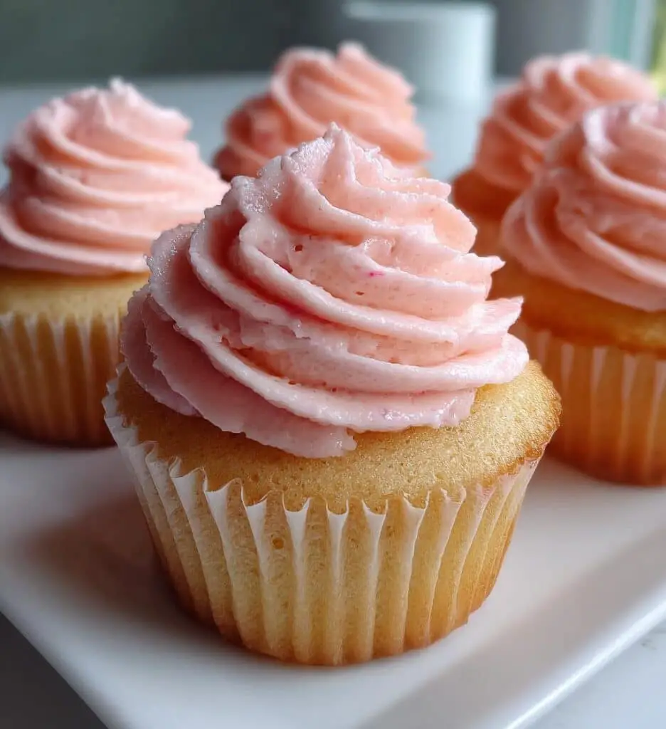 vanilla cupcakes with blush pink buttercream frosting
