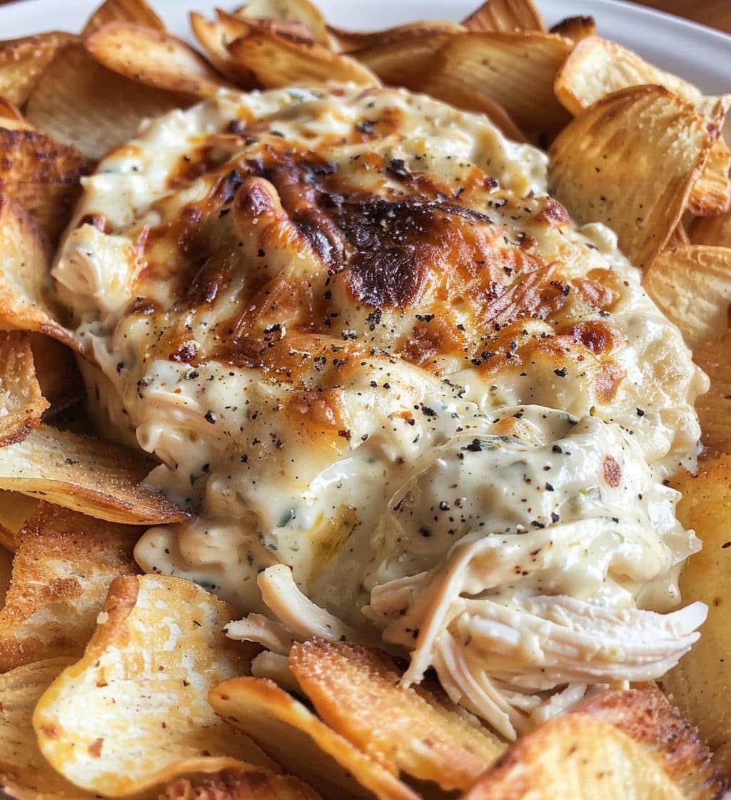 Chicken Alfredo Dip with Bread Chips