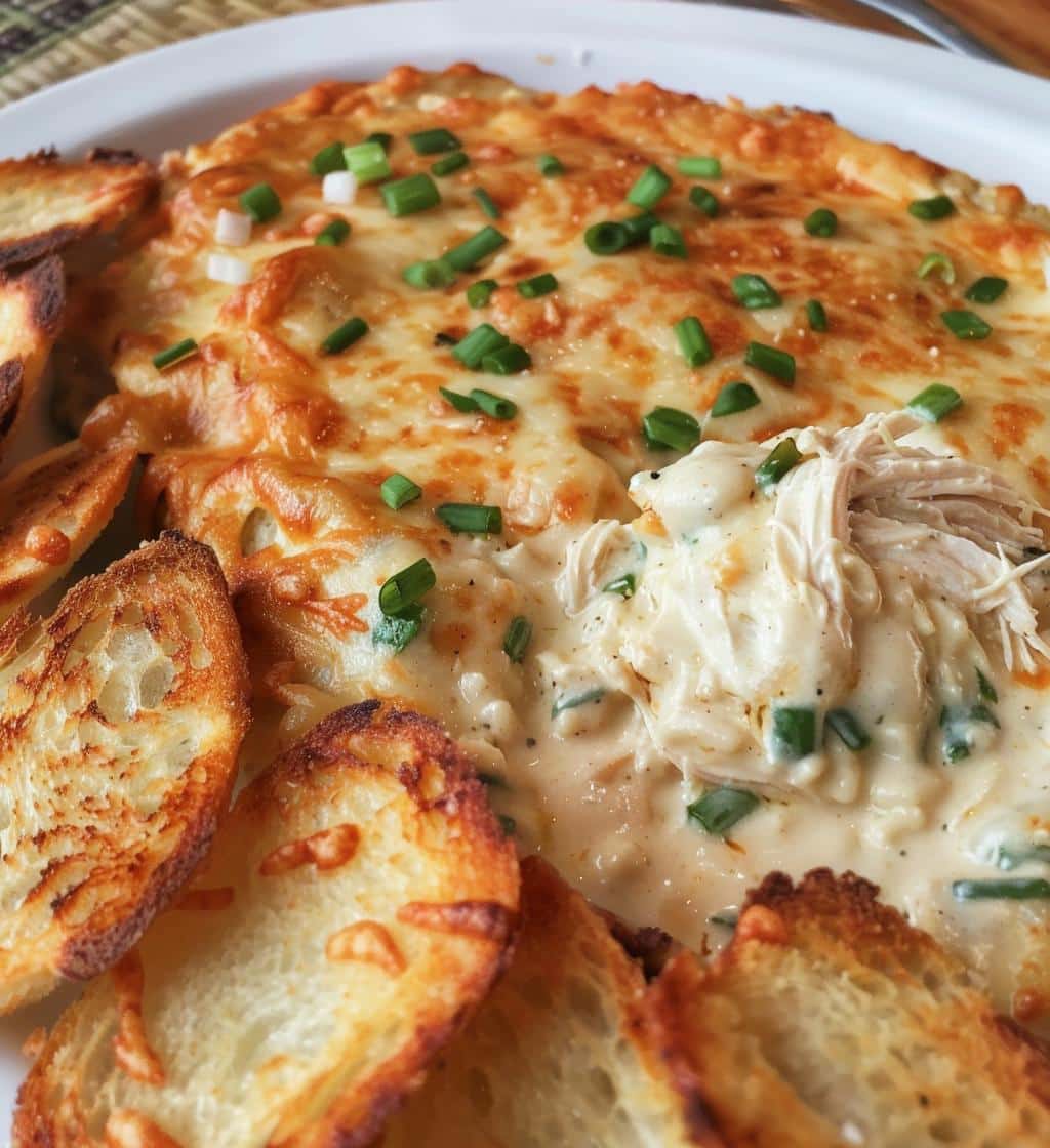 Chicken Alfredo Dip with Garlic Bread Chips