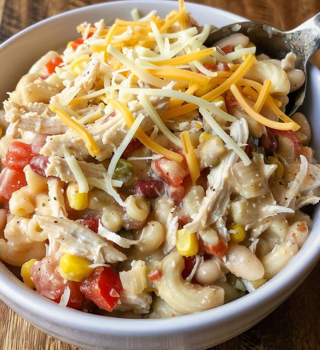 Crockpot White Chicken Chili Mac (chili + pasta fusion)