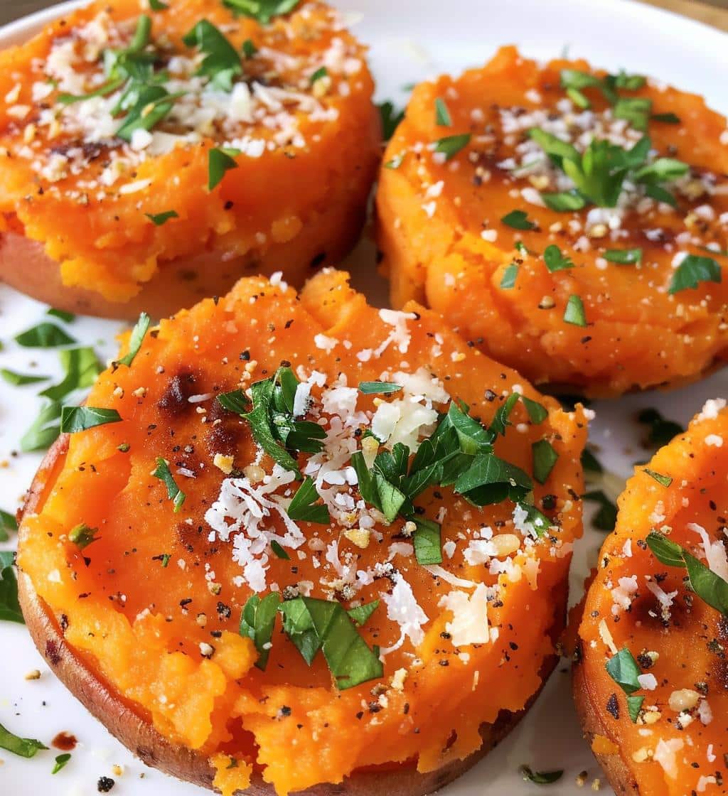 Garlic Parmesan Smashed Sweet Potatoes