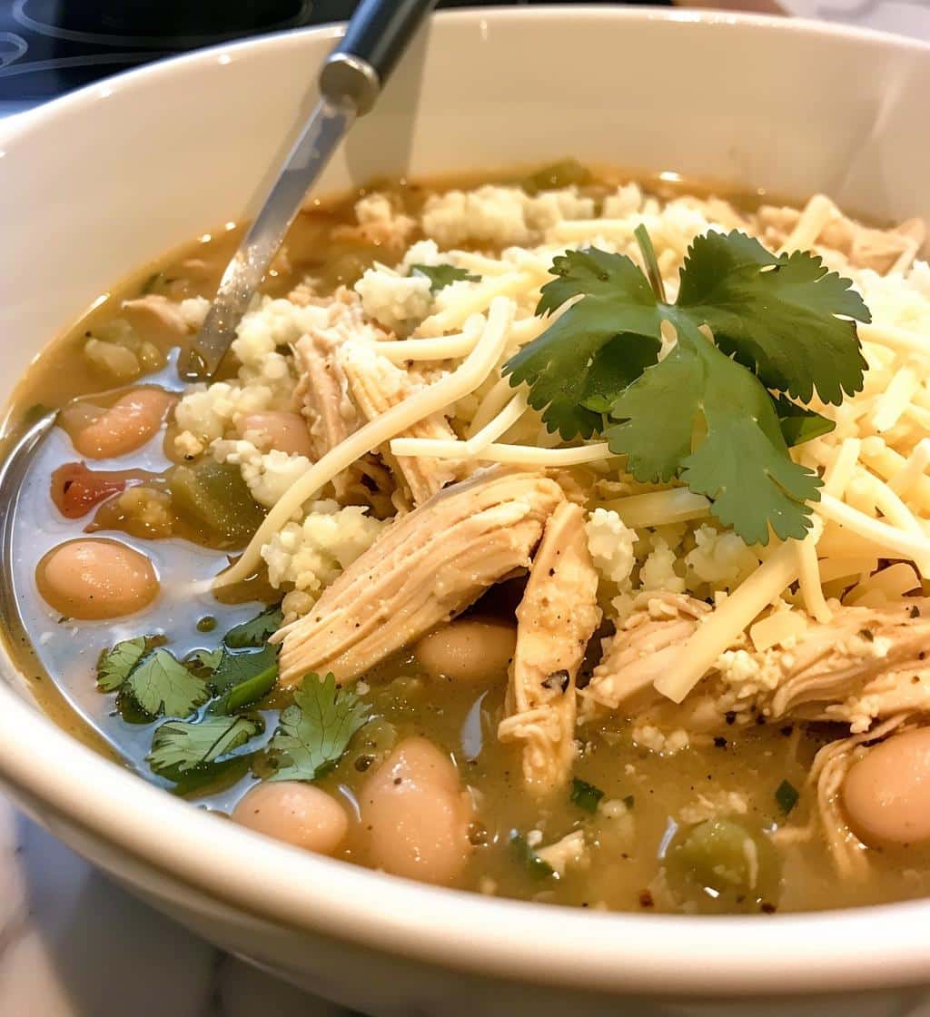 Low-Carb White Chicken Chili (cauliflower base)