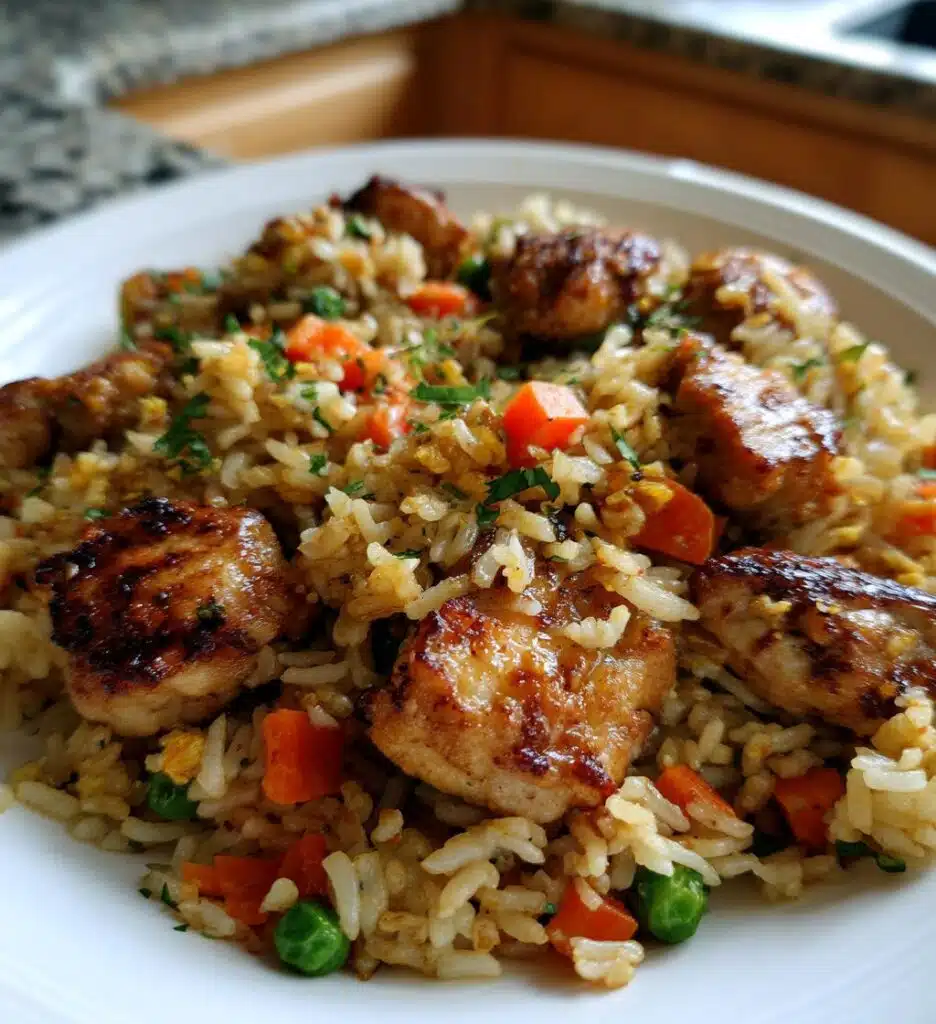 high protein crispy garlic chicken fried rice