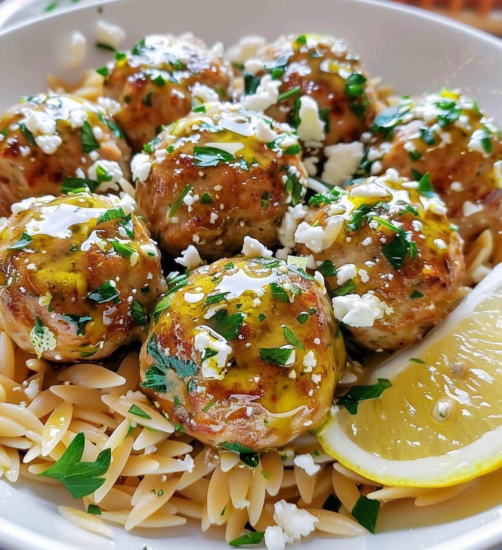 Greek Chicken Meatballs with Orzo