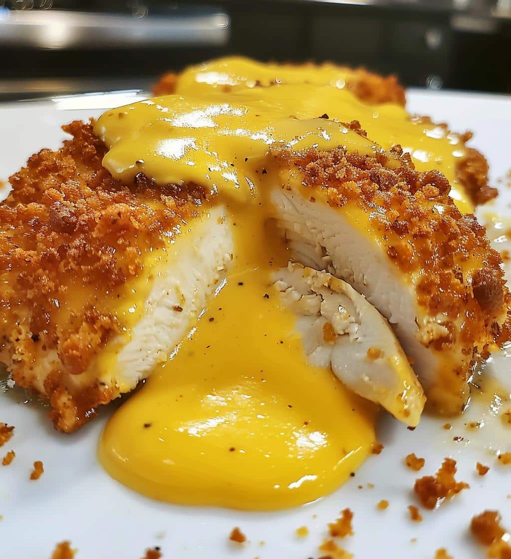 Pretzel Chicken with Cheddar Sauce