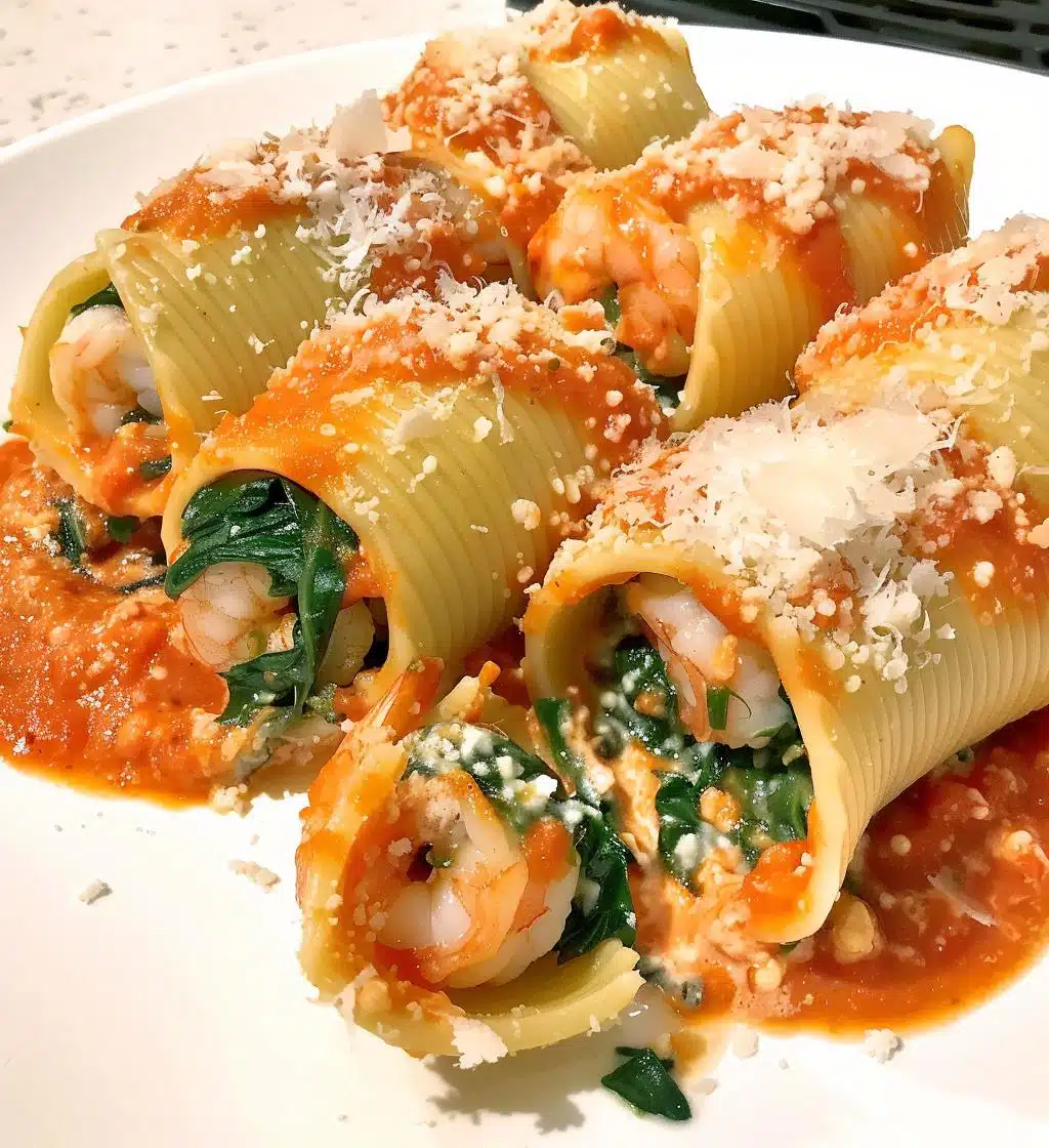 Shrimp and Spinach Stuffed Pasta Rolls with Roasted Red Pepper Cream - detail 1