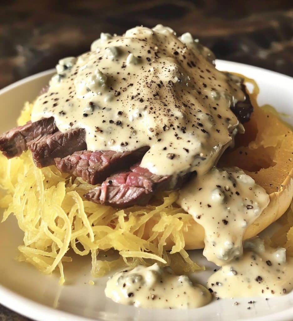 Steak Gorgonzola Alfredo Spaghetti Squash