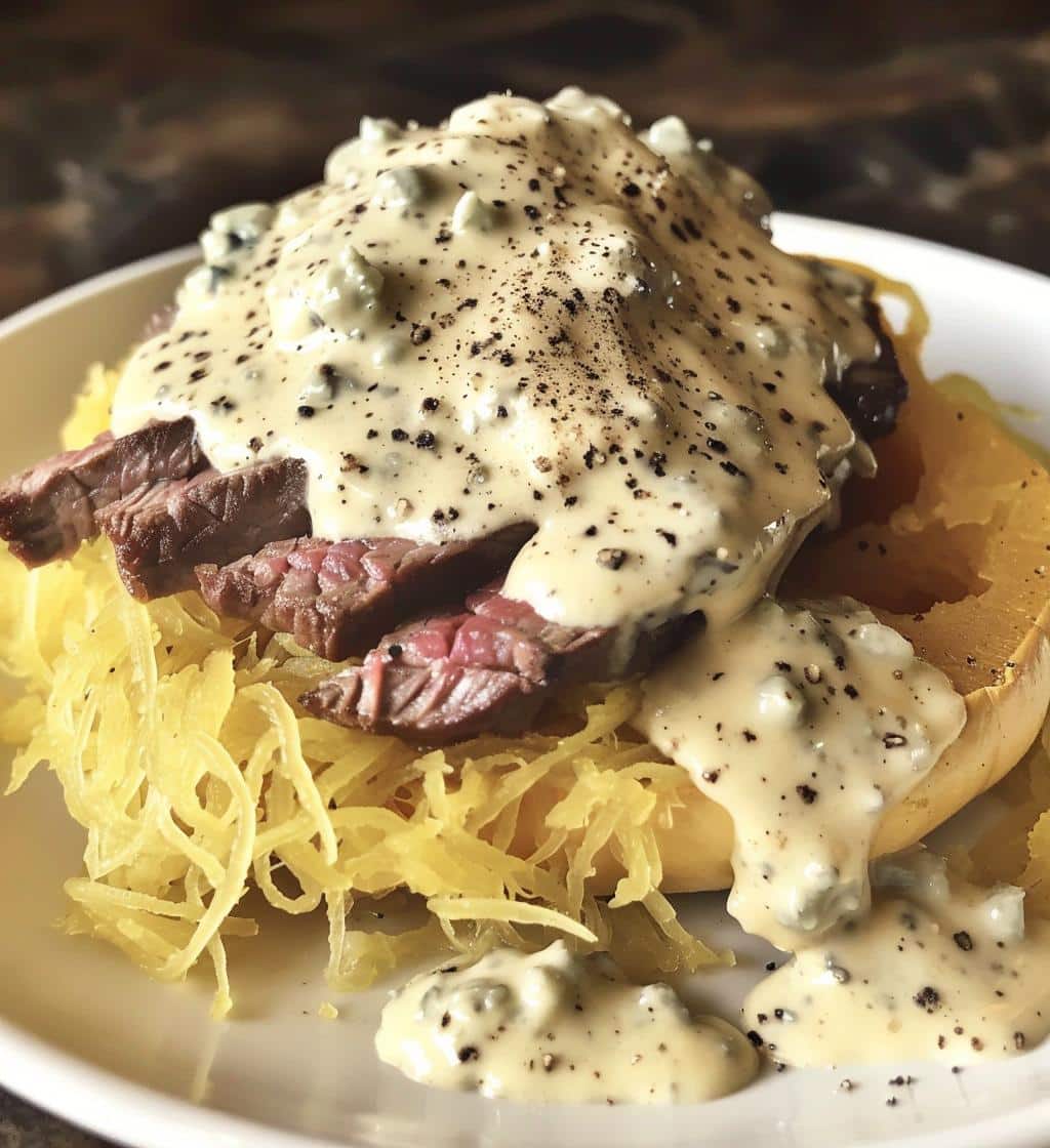 Steak Gorgonzola Alfredo Spaghetti Squash