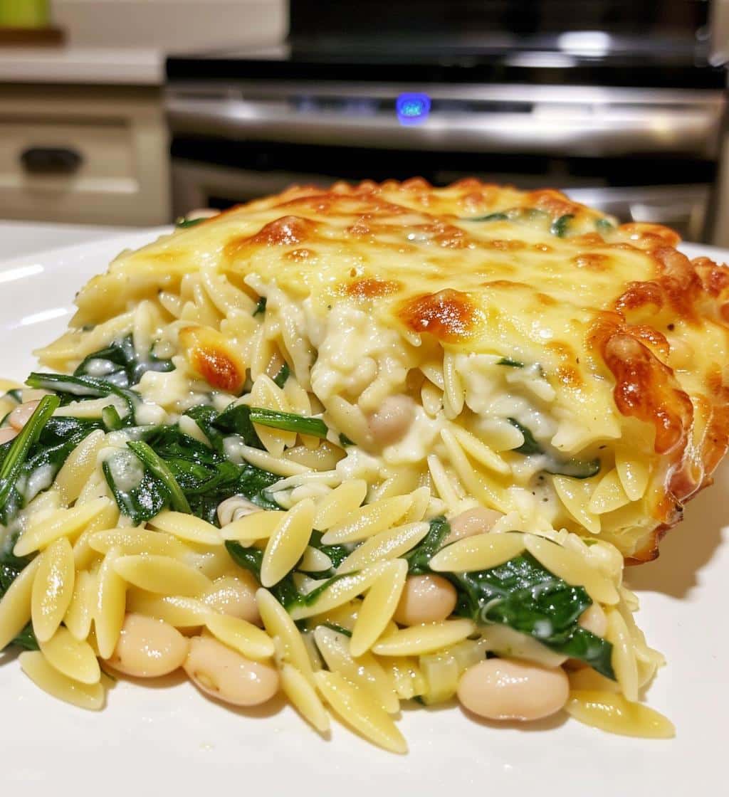 Cheesy Spinach Orzo with White Beans