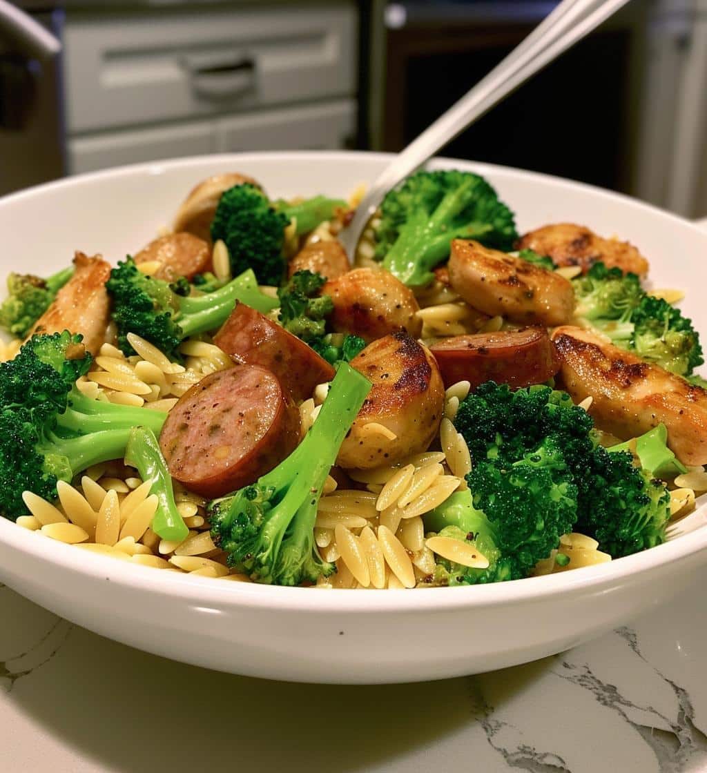 Chicken Sausage Broccoli Orzo Skillet